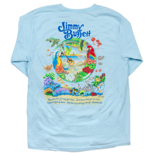 Load image into Gallery viewer, long sleeve tee-chambray-front &quot;bubbles up&quot; three birds on beach with coral reef and sea animals-back &quot;Equal Strain on all parts&quot; with bubbles-sleeve &quot;Jimmy Buffett&quot;
