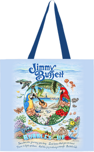 tote-light blue-"Bubbles Up" three birds on beach with coral reef and sea animals 